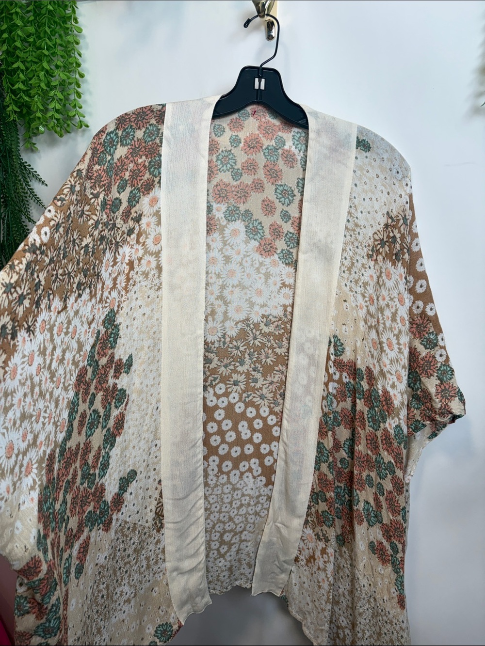 Floral Patchwork Open Front Kimono - Cream and Brown